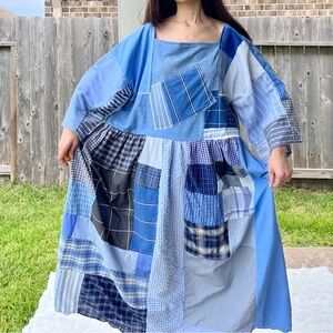 Handmade Quilted Patchwork Plaid Dress SKU 08012 Mixed Blue